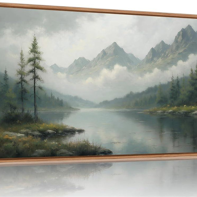 SIGNINART Large Green Forest Framed Canvas Wall Art, Misty Mountain Lake Wall Decor, Modern Foggy Wood Landscape Artwork, Nature Oil Painting Art Print for Living Room, Bedroom, Office 20"x40"