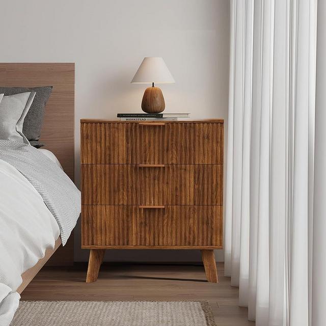 Mid-Century 3 Drawers Bedside Table Cabinet, Modern Nightstand with 3 Drawer and Solid Wood Legs, Contemporary 3-Drawer Nightstand, Mid Century Nightstand with 3 Storage Drawer for Bedroom (Walnut)