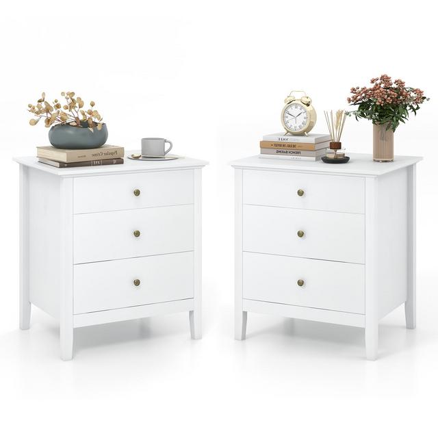 Tangkula 2-Piece 3 Drawers Modern Nightstand Bedside Table Wooden End Table White