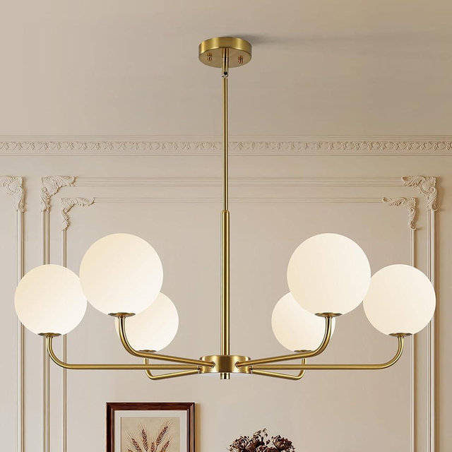 ZXFDWB Gold Modern Sputnik Chandelier for Dining Room Light Fixture, 6-Light Mid Century Pendant with Frosted Glass Shades Globe, Adjustable Hanging Celling Light for Kitchen Island, Living Room