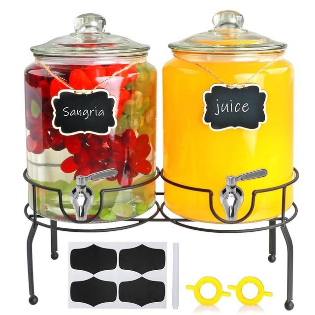 Accguan 1.5-Gallon Drink Dispenser with Iron Rack,Glass Drinking Dispenser with Glass Lid for Parties, Bar, Wedding, Homemade Juice, Laundry Detergent Dispenser,Picnics, Barbecues and Daily,2 pack