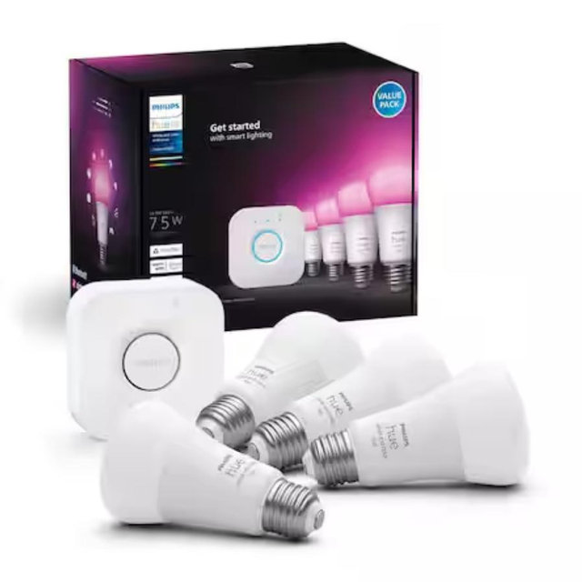 Philips Hue 75-Watt Equivalent A19 Smart LED Color Changing Light Bulb Starter Kit (4 Bulbs and Bridge) 563296