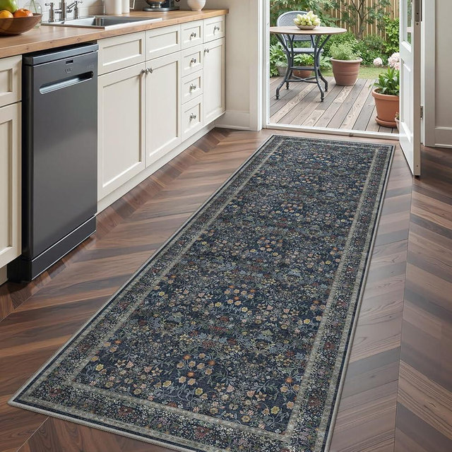 Restydon 2x6 Runner Rug, Blue Floral Rug for Entryway, Moynesa Washable Kitchen Rugs with Rubber Backing, Thin Soft Botanical Runners for Hallways, Bedroom, Laundry, Bathroom(2'x6', Navy)