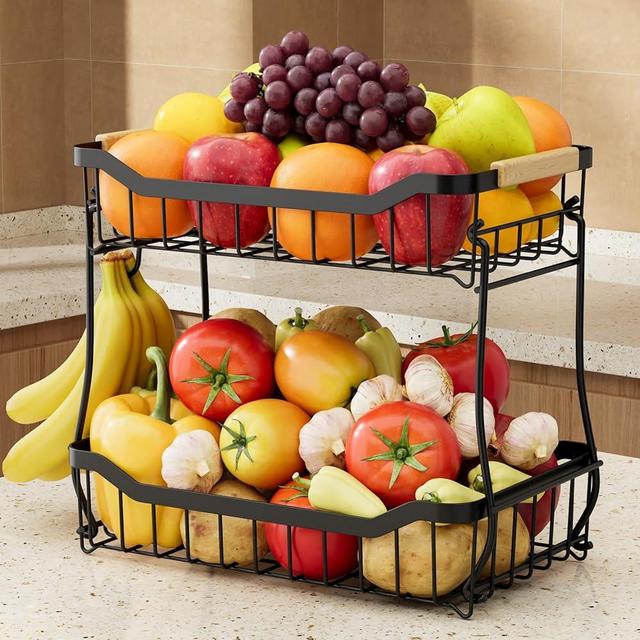 Sakugi Fruit Basket for Kitchen Counter - 2 Tier Detachable Fruit Vegetable Basket with Banana Hanger, Metal Countertop Fruit Stand with Wooden Handle, Black, ,7.3" D x 11.2" W x 10.3" H