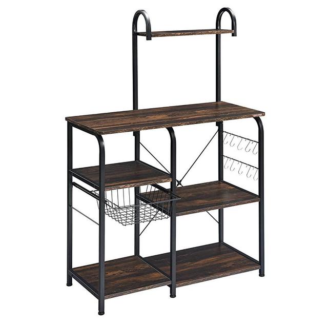 Mr IRONSTONE Kitchen Baker's Rack Utility Storage Shelf 35.5" Microwave Stand 4-Tier+3-Tier Shelf for Spice Rack Organizer Workstation with 10 Hooks (Charcoal Brown)