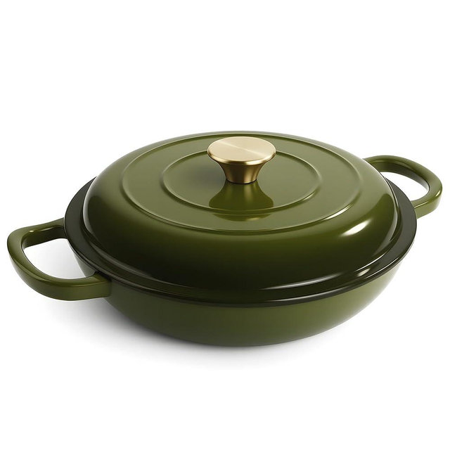 Vintage Style 3 Quart Enameled Cast Iron Braiser, Non Stick Enameled Cast Iron Skillet with Lid, Dutch Oven Skillet with lid up to 500°F for Oven, Stove, Grill, Shallow Dutch Oven for Cook, Bake (Gloden Green)