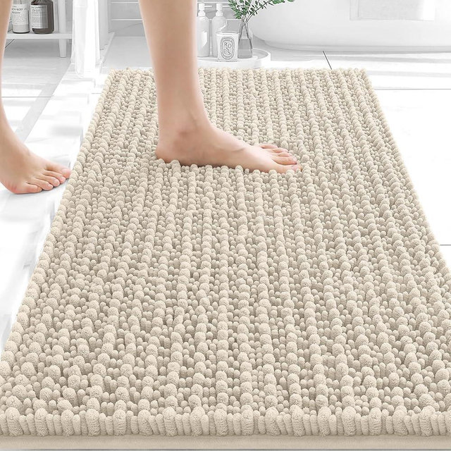OLANLY Bathroom Rug Mat 34x21, Thick Soft and Absorbent Chenille Bath Mat, Non-Slip Rubber Backing, Machine Washable Quick Dry Bath Rugs for Tub Shower Floor, Home Decor Accessories, Sand