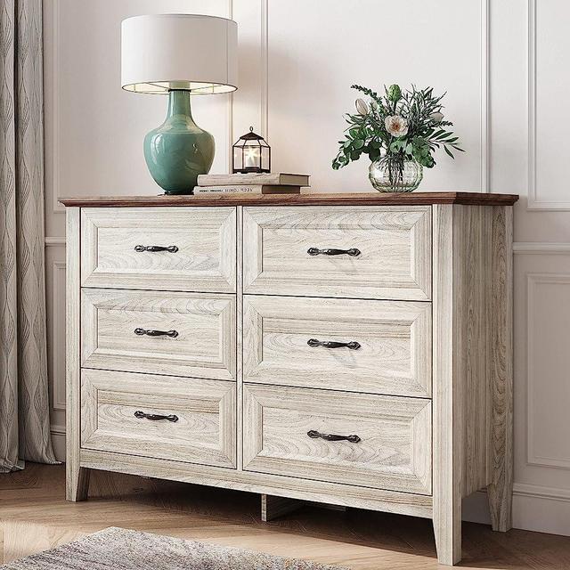 LINSY HOME Dresser for Bedroom, 6 Drawer Dresser with Metal Handles, White Chest of Drawers for Living Room, Entryway and Hallway, White Beige