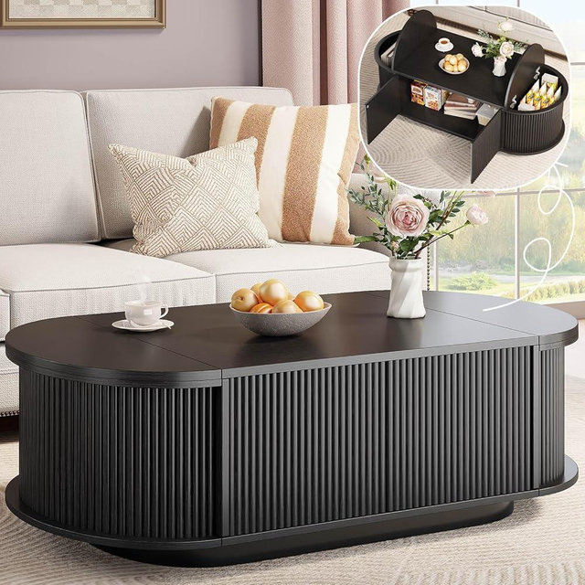 HSH Oval Coffee Table with Storage, 47” Modern Coffee Table with Press Type Door, Fluted Living Room Tables with 2 Flip-Top Hidden Lids, Wood Center Table for Living Room, Office, Black