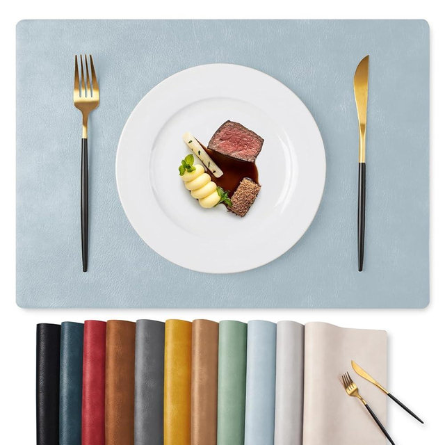 MOSAYT Vinyl Placemats Set of 8-12 X 17 Inch - Faux Leather 100% Waterproof Oil-Proof Wipeable PU Place Mats, Heat Resistant Reversible Table Mats for Kitchen, Dining, Outdoor (Light Grayish Blue)