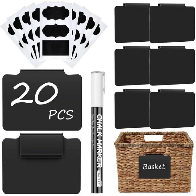 66Pcs Set of Erasable Basket Labels: 20Pcs Basket Labels Clip On Storage Bins–45Pcs PVC Tag Stickers–1 Large Capacity White Chalk Markers for Pantry Organization, Laundry, Playroom Toys Storage Bins