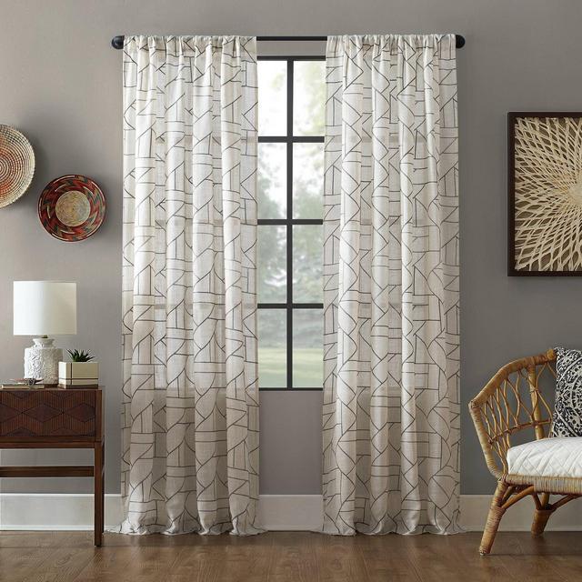 84"x50" Jigsaw Embroidery Linen Blend Light Filtering Curtain Gray/Linen - Archaeo