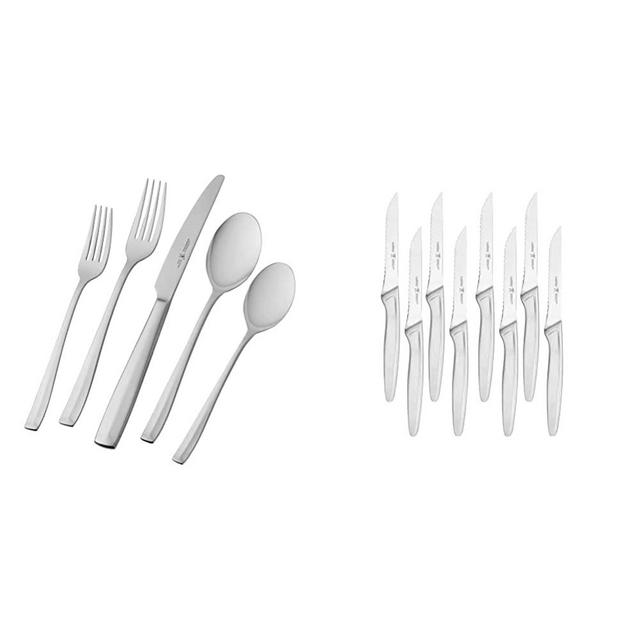 HENCKELS Lani Flatware Set, 65-Piece, silver like finish & Steak Knife Set of 8, Stainless Steel Knife Set, Silver