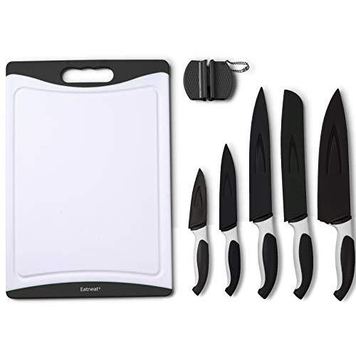 EatNeat 12-Piece Black Sharp Knife Set: 5 Stainless Steel Kitchen Knives with Covers, Cutting Board and Sharpener