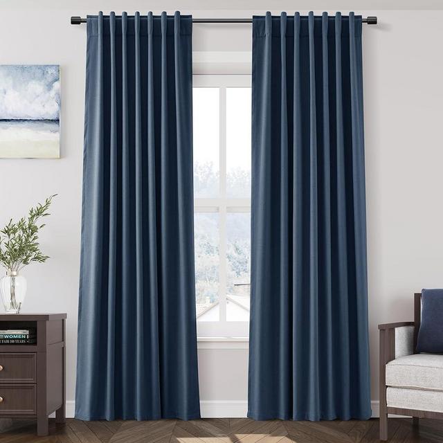 Nanspring Denim Blue Linen 100% Blackout Curtains 84 Inch Length 2 Panels Set for Bedroom Back Tab Modern Farmhouse Decor Black Out Curtain for Living Room Office Thermal Insulated Drapes 52x84