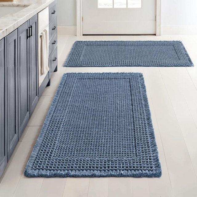 MIULEE Set of 2 Waffle Bathroom Rugs, Boho Bath Rug Super Absorbent, Non Slip Washable Ultra Soft Rubber Backed Shower Bath Mats for Floor, Tub, Shower, Bordered Design, Blue, 18x30 Inch