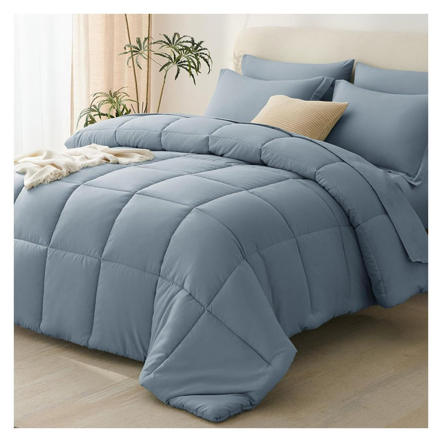 BALHAM TRADE-Queen Comforter Set Black 7 Pieces Bed in a Bag All Season Soft Bedding Set Grayish Blue-Queen 88"x88"