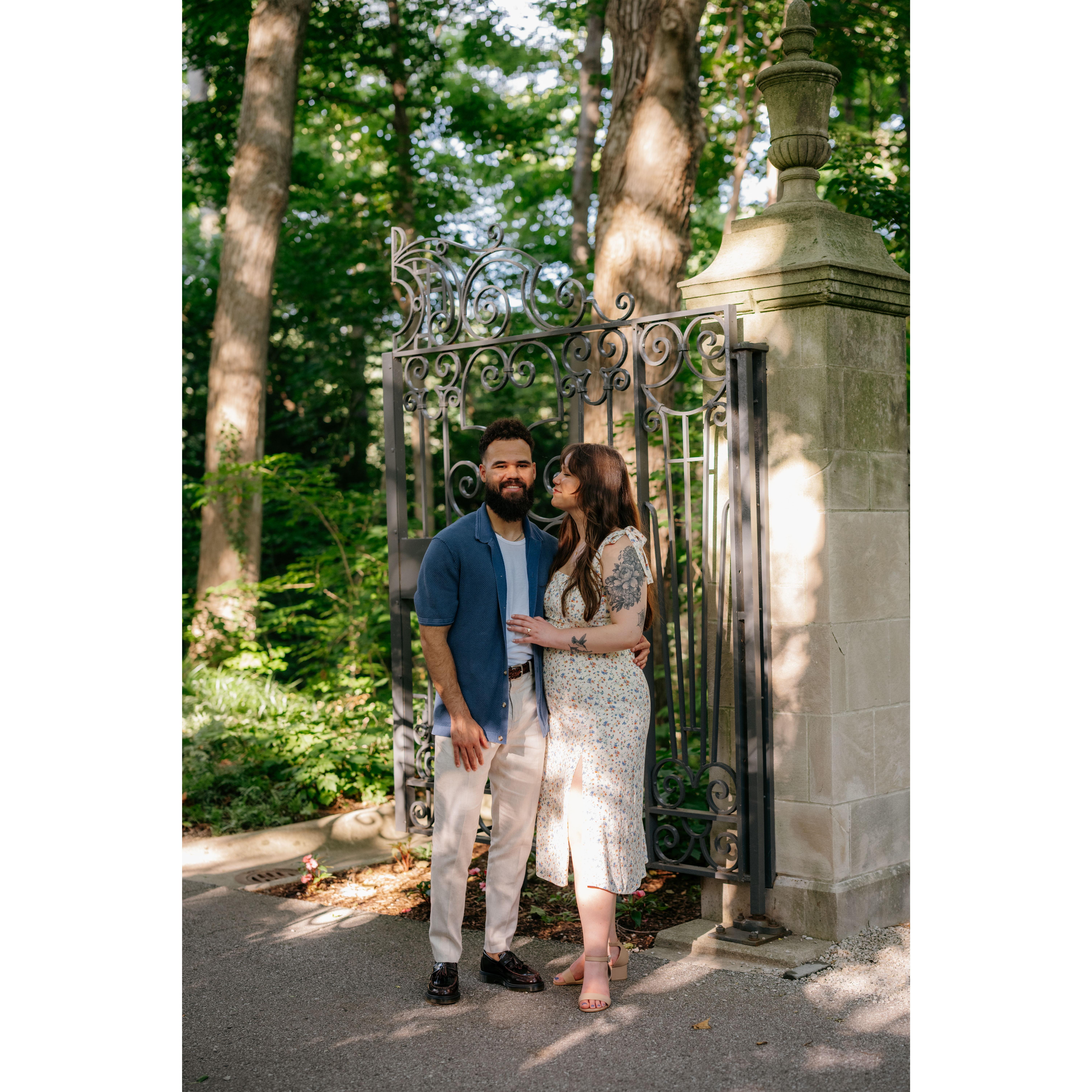 About seven months before this photo was taken, we got engaged at this gate! We love visiting Newfields, and we took our engagement photos there with our lovely wedding photographer, Laura.