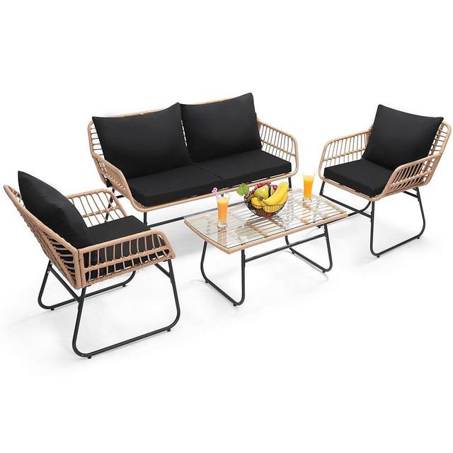 Kromax 4 Piece Patio Bistro Outdoor Furniture Set, Wicker Sofa, 2 Rattan Chairs, and Table, Backyard Conversation Set, All Weather Cushions, Natural Rattan Black Cushion