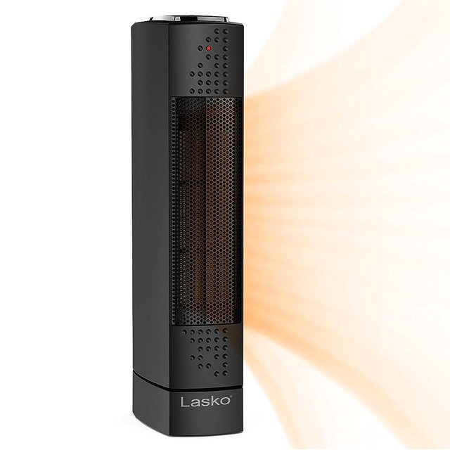 Lasko Oscillating Ceramic Slim Tower Desktop Space Heater for Home with Thermostat and 2 Speeds, 14 Inches, Black, 1500W, CT14101