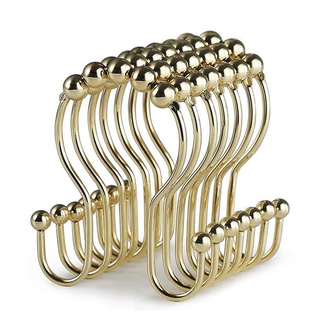 Goowin Shower Curtain Hooks, 12 Pcs Shower Curtain Rings, Stainless Steel Roller Rust-Resistant Balance Sliding Anti-Drop Double Shower Hooks for Curtain Bathroom Shower Curtains (Gold)