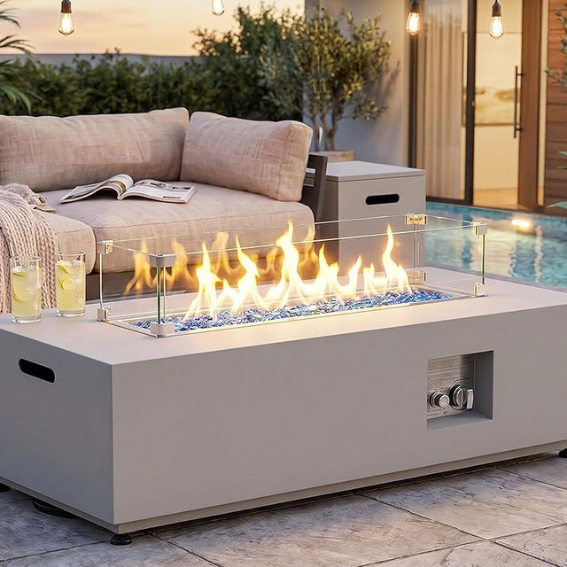 BULEXYARD 42'' Rectangle Propane Fire Pit Outdoor, Low-Profile Natural Gas Fireplace with Tank Table & Rain Cover, 50000 BTU CSA Certified, Modern Patio Firepit for Backyard, No Assembly Grayish White
