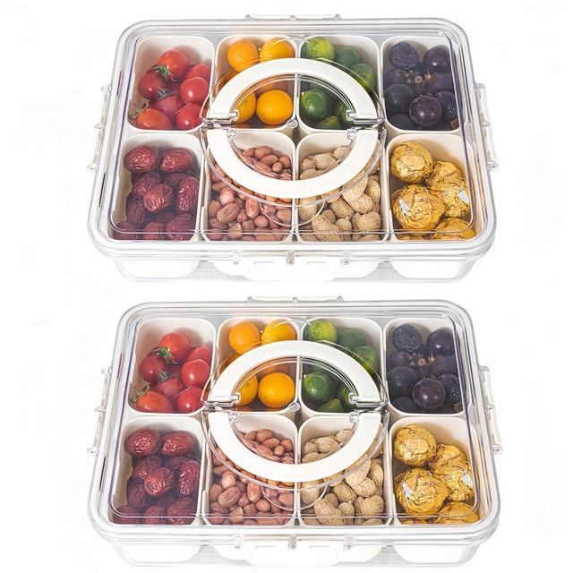 Dingerjar Divided Serving Tray with Lid and Handle - divided snack tray for Portable Snack Platters - Clear Organizer for Candy, Fruits, Nuts, Snacks - Perfect for Party, Entertaining，2 pcs
