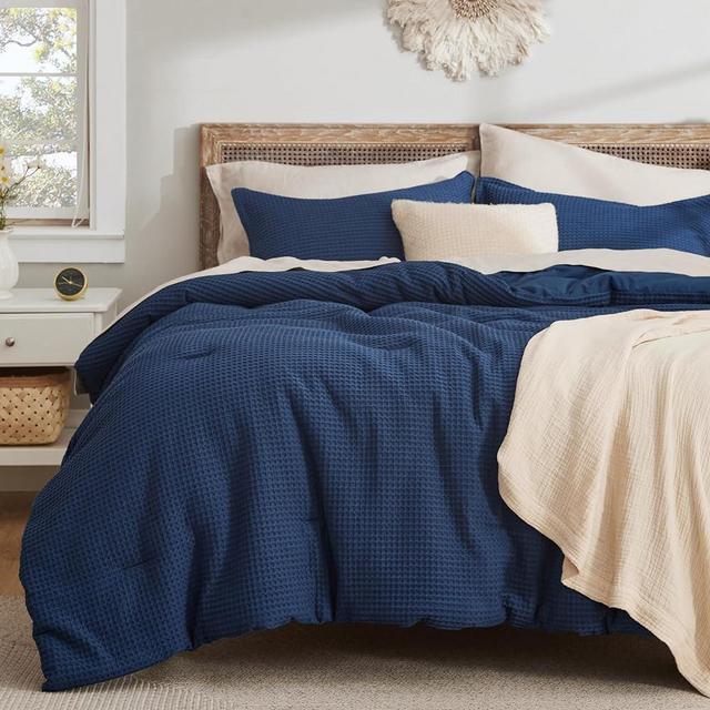 Bedsure Waffle Comforter Set King, Navy Soft Cotton Bedding Set for All Seasons, Waffle Weave Bed Set, 3 Pieces, 1 Comforter (104"x90") and 2 Pillow Shams, Premium Cotton Cover with Polyester Fill