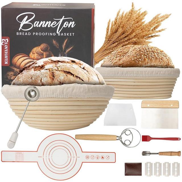 Banneton Bread Proofing Basket Set - Complete Sourdough Kit with Bread Making Tools Like 9" & 10" Baskets, Whisk, Brush, Scraper, Lame, Blades, Liners & More - Premium Homemade Bread Baking Supplies