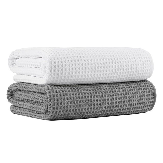 MICROFI New Microfiber Waffle Bath Towels, 2 Pieces, Oversized, Soft, Absorbent, Fast Drying, Lint Free 430 GSM (Gray+White)