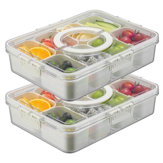 Buaic 2 Pack Divided Serving Tray with Lid and Handle, Portable Snackle Box Charcuterie Container for Snack Platters with One Insulated Bag for Candy, Fruits, Nuts, Serving Platter for Picnic, Party