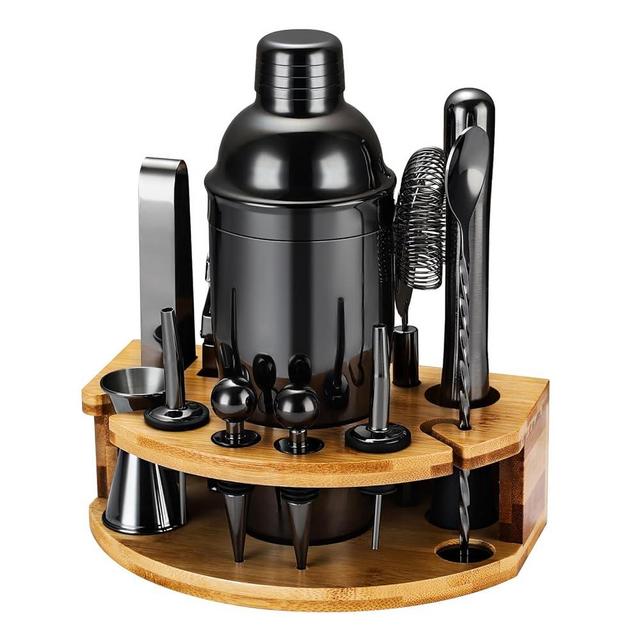 Cocktail Shaker Set Bartender Kit with Stand, 12 Piece Bar Set Drink Mixer Set with Stainless Steel Bar Accessories Tools: 25oz Martini Shaker Jigger Strainer Spoon Muddler for Cocktails (Black)