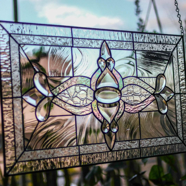 Stained Glass Window Panel ROYAL Tiffany Style Hand cut Beveled Custom Pieces - Includes 3ft Chain and Metal Frame