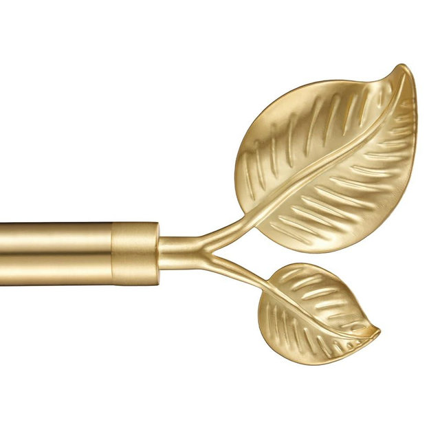 Decorative Curtain Rod with Leaf Finials, 1Inch Diameter 48-84 Inch Adjustable Length Single Drapery Window Rods Telescoping Structure, Warm Gold