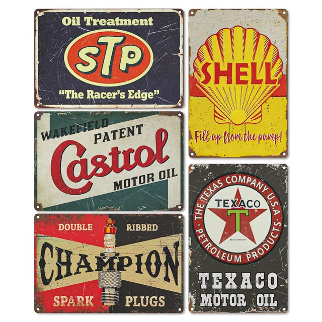 EastLink Vintage Garage Signs Room Decor 5PCS, PVC Made Garage Decor Signs for Men, Duplex Printed Retro Wall Decor, Fade & Bend Resistant Old Car Shop Posters Oil and Gas Station Signs