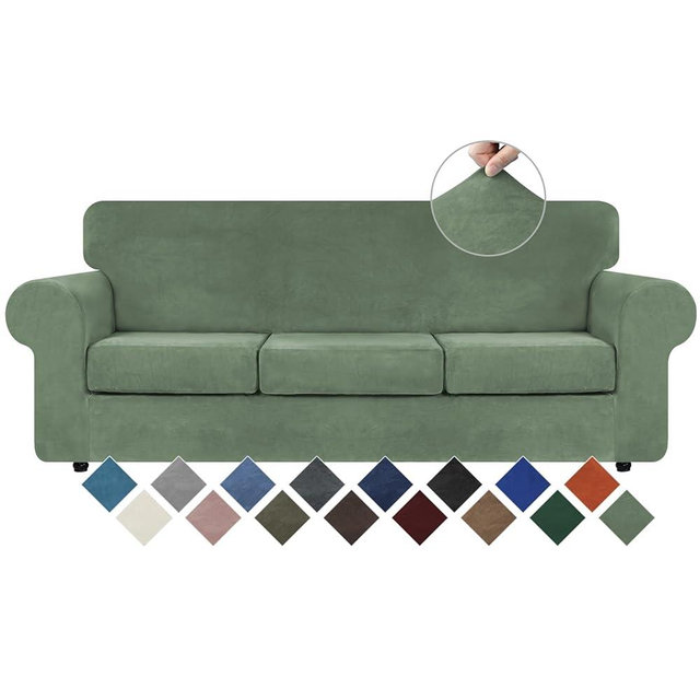 WEERRW 4 Pieces Velvet High Stretch Couch Covers for 3 Cushion Couch Sofa Slipcovers, Washable Furniture Protector with Non Slip Elastic Bottom, Feature Soft Plush Fabric, Greyish Green, Large