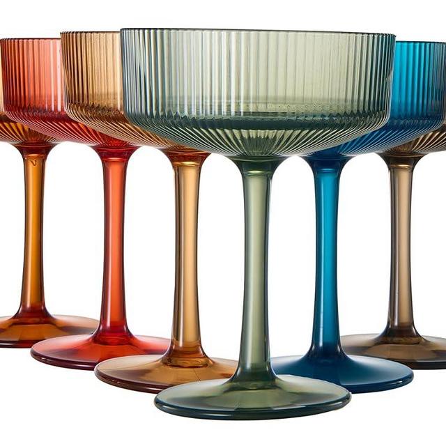 Acrylic Unbreakable Vintage Art Deco Coupe Glasses Ribbed Cocktail Glass 7 oz | Set of 6 | Muted Colored Ripple Glassware - Champagne, Martini, Margarita Indoor & Outdoor Shatterproof BPA-free Plastic