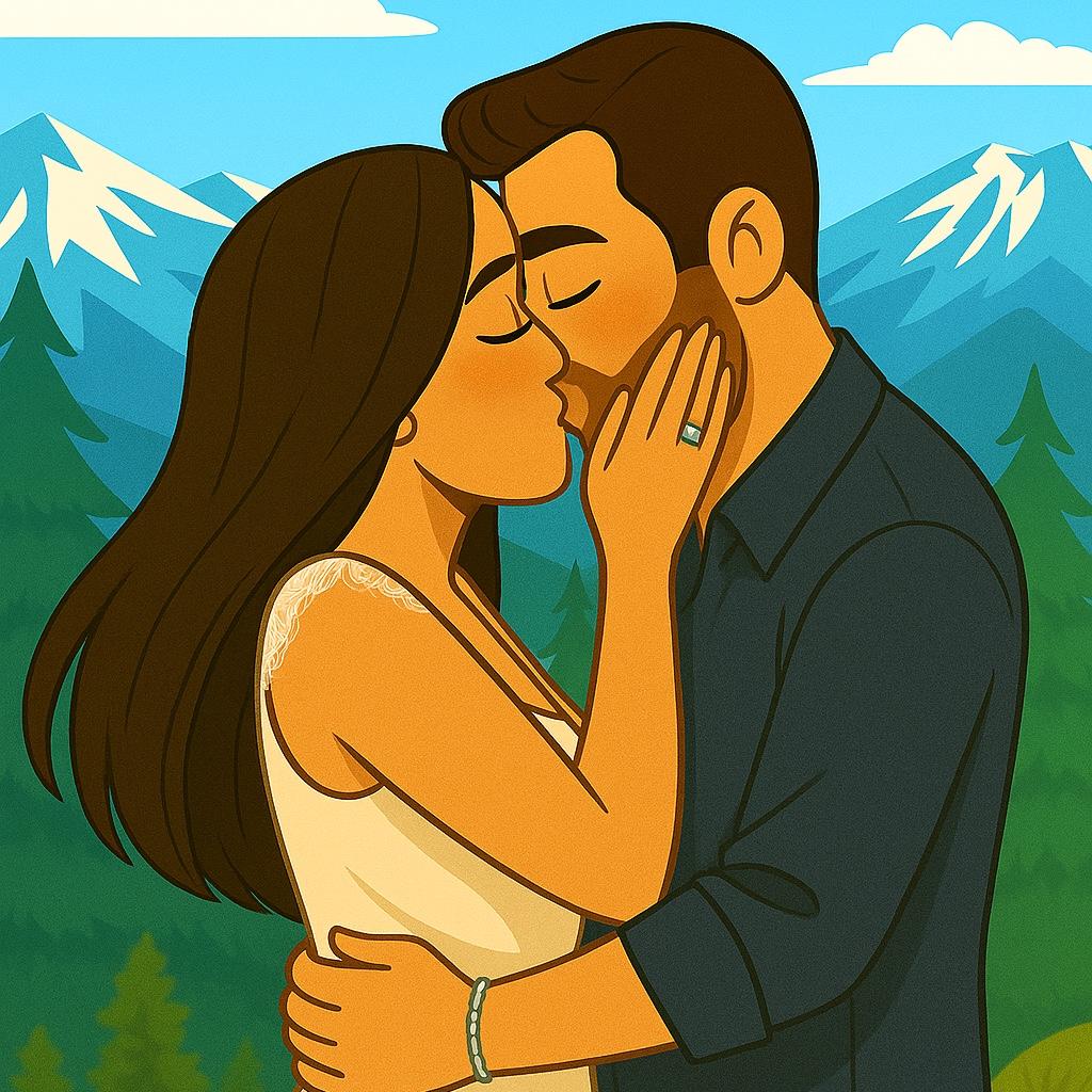 HER HAND FLEW TO HER CHEEK,
AND WHERE PEOPLE COULD SEE,
HE SMILED, THEN ASKED,
"WILL YOU MARRY ME?"
WITH JOY IN HER VOICE,
AND TEARS IN HER EYES,
SHE SAID "YES!" WITH A LAUGH
AND A COUPLE MORE CRIES.