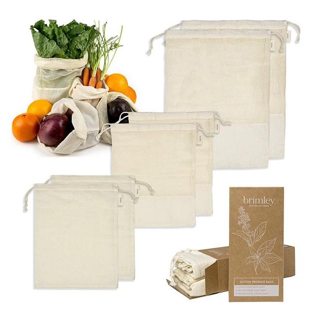 Brimley 6 Pack Reusable Cotton Produce Bags, 4 Medium and 2 Large Washable Produce Bags for Grocery Shopping with Tare Weight Tags