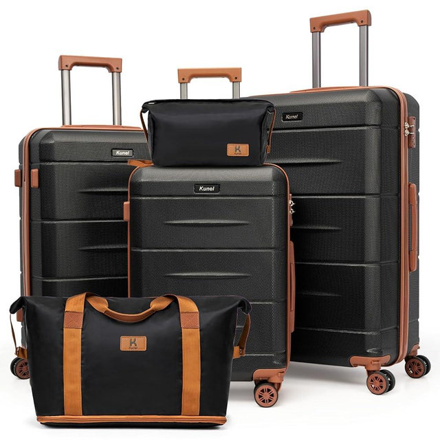KUNEL Luggage Sets 5 Piece Hardshell Suitcase Sets with Detachable Spinner Wheels, ABS Carry on Luggage with TSA Lock,Travel,Black（20/24/28 Inch
