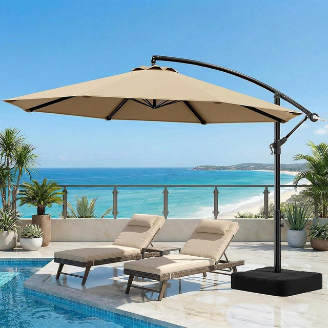 OLILAWN Cantilever Offset Patio Umbrellas, Outdoor 10 feet Large Patio Umbrella with Base Included, Upgraded Yarn-dyed Fabric Shade, Sturdy 8 Rids, 360 Degree Rotation & Easy Tilt Adjustment, for Pool Deck Porch Backyard Garden, Beige