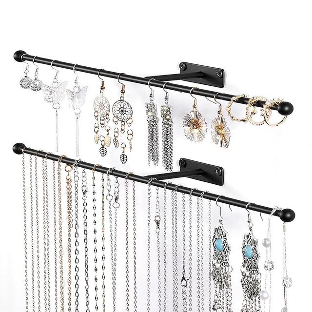 Josmimic Wall Hanging Jewelry Organizer: 12.6'' Necklace Holder for Earring, Bracelet, Rings, Hairband, Glasses, Black 2-Pack, Screws Included
