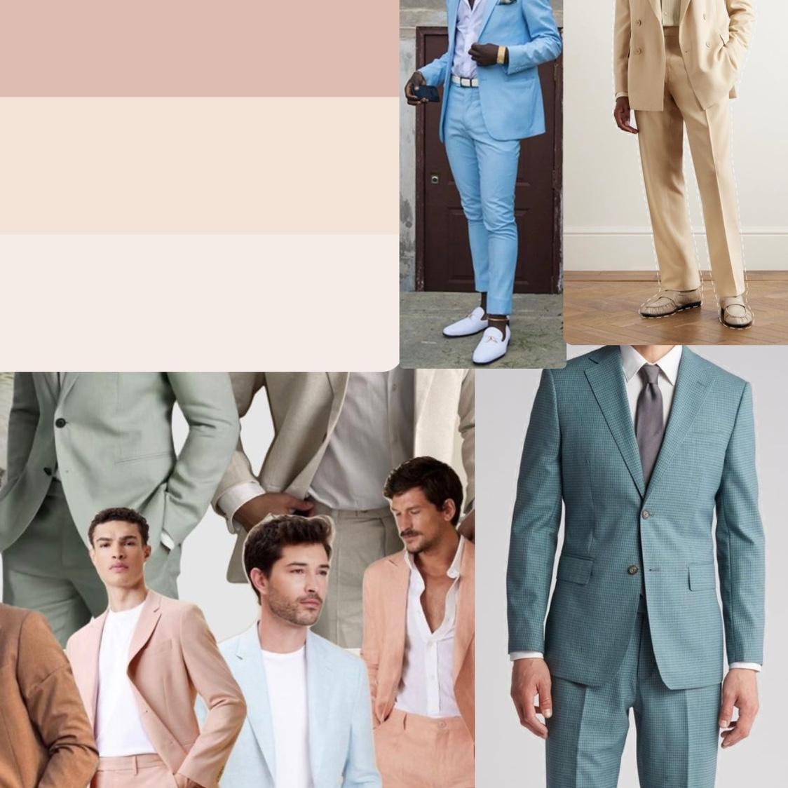 Men should consider light-colored suits in beige, light gray, or pale blue. To add a touch of personality, they can wear a pastel tie or bow tie.