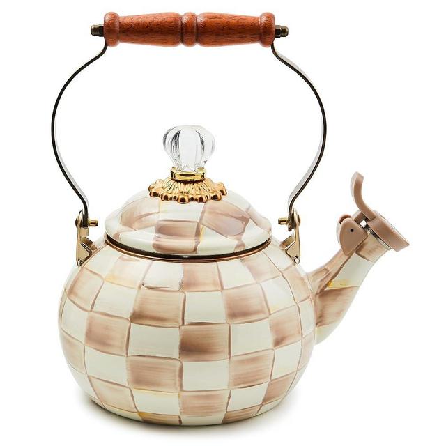 MACKENZIE-CHILDS Enamel Whistling Tea Kettle, Decorative Teapot, Brown-and-White Mocha Check