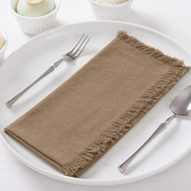DeZerlor 12 Pack Nude Cotton Linen Napkins with Fringe Christmas Napkins Cloth Set of 12 Boho Handmade Dinner Napkins Bulk for Wedding Winter Xmas Dining Table Decor, 17 x 17 Inches