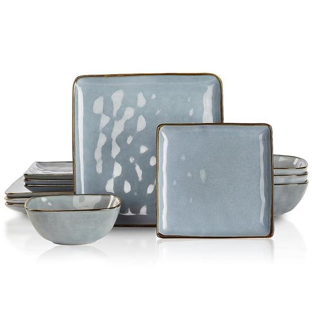 Famiware Dinnerware Sets for 4, Ocean Square 12-Piece Kitchen Plates and Bowls Sets, Reactive Glaze, Microwave and Dishwasher Safe, Scratch Resistant, Blue