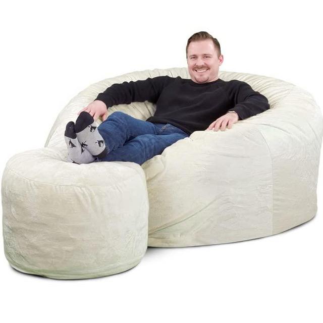 ULTIMATE SACK 5000 Bean Bag Chair w/Foot Stool in Multiple Sizes and Colors: Giant Foam-Filled Furniture - Machine Washable Covers, Double Stitched Seams, Durable Inner Liner. (5000, Ivory Fur)