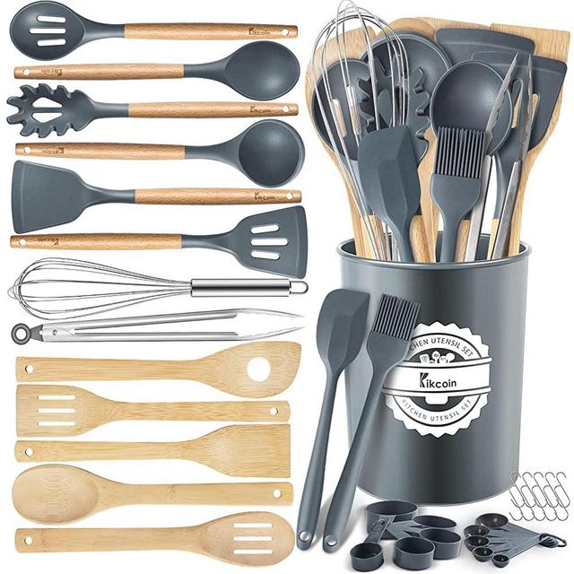 36 PCS Silicone Cooking Utensils Set, Kikcoin Wood Handle Kitchen Utensils Set with Holder, Spatulas Silicone Heat Resistant Cooking Gadgets for Nonstick Cookware, Grey