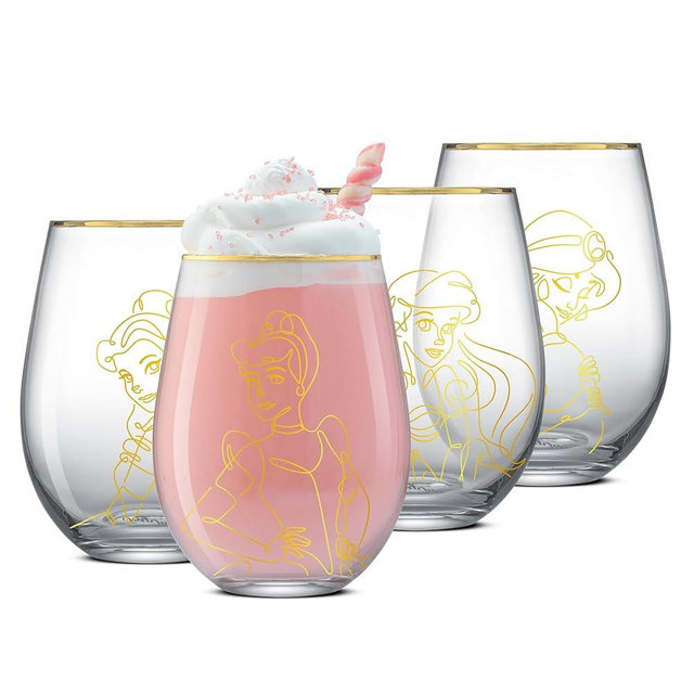 JoyJolt Disney Princess Sketch Stemless Drinking Glasses, 19oz Glass Cups ft Princess Jasmine Ariel Belle Cinderella, Disney Princess Kitchen Glassware Set of 4, Disney Gifts for Adults