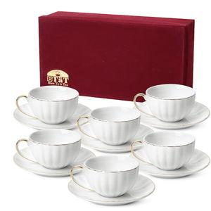 BTaT- Cappuccino Cups with Saucers 7 oz with Gift Box, Set of 6, White Porcelain Coffee Cup and Saucer Set for Latte with Golden Trim Design, Dishwasher Safe, Mocha, Tea, Au Lait, Flat White